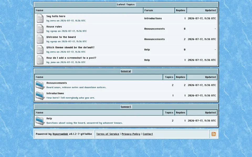 The Hyperuplink forum overview listing boards and categories